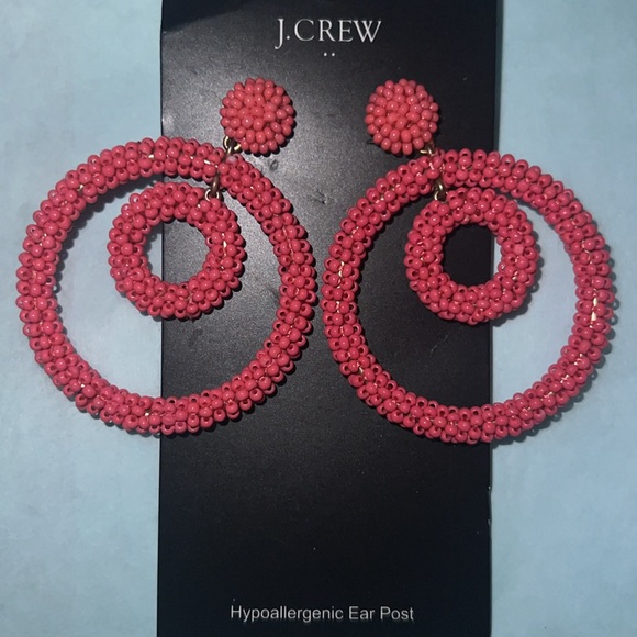 J. Crew Factory pink coral hoop beaded statement earrings - Picture 2 of 3